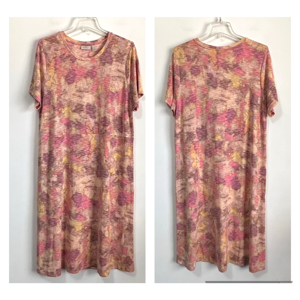 LOGO Lori Goldstein Stretch Knit Dress L Pockets Short Sleeve Berry Casual
